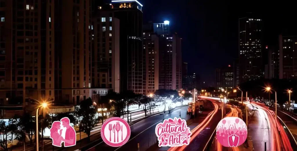 bangalore city street at night with traffic lights and tall buildings : icons for top night activities